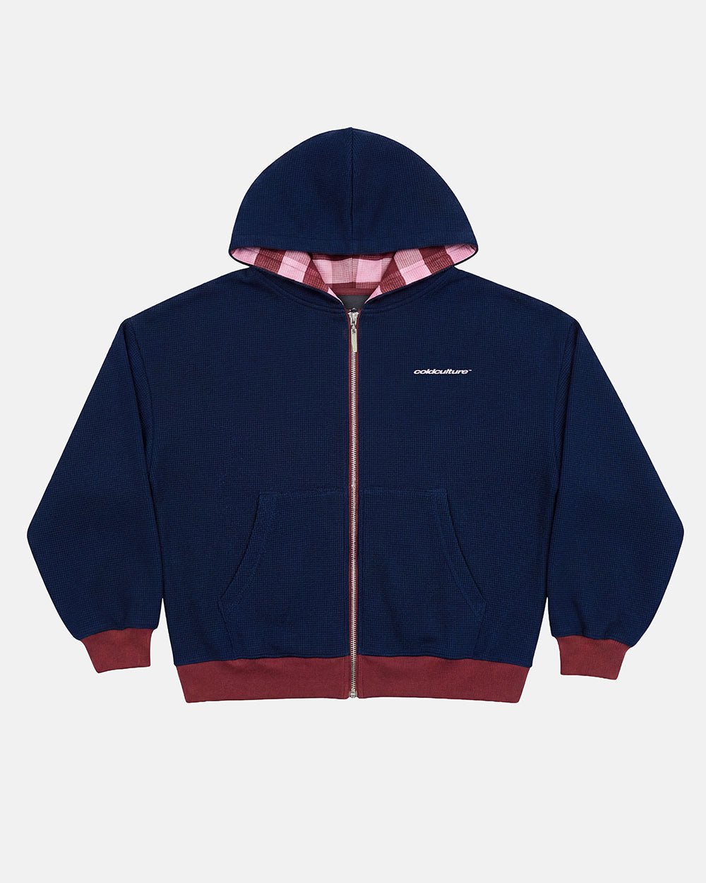 UNTRUE WAFFLE REVERSIBLE ZIP HOODIE PINK - pink striped reversible zip-up hoodie, front view - Cold Culture #packshot