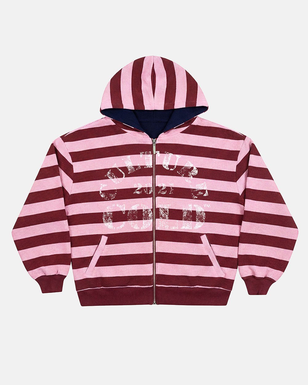 UNTRUE WAFFLE REVERSIBLE ZIP HOODIE PINK - pink striped reversible zip-up hoodie, front view - Cold Culture #packshot