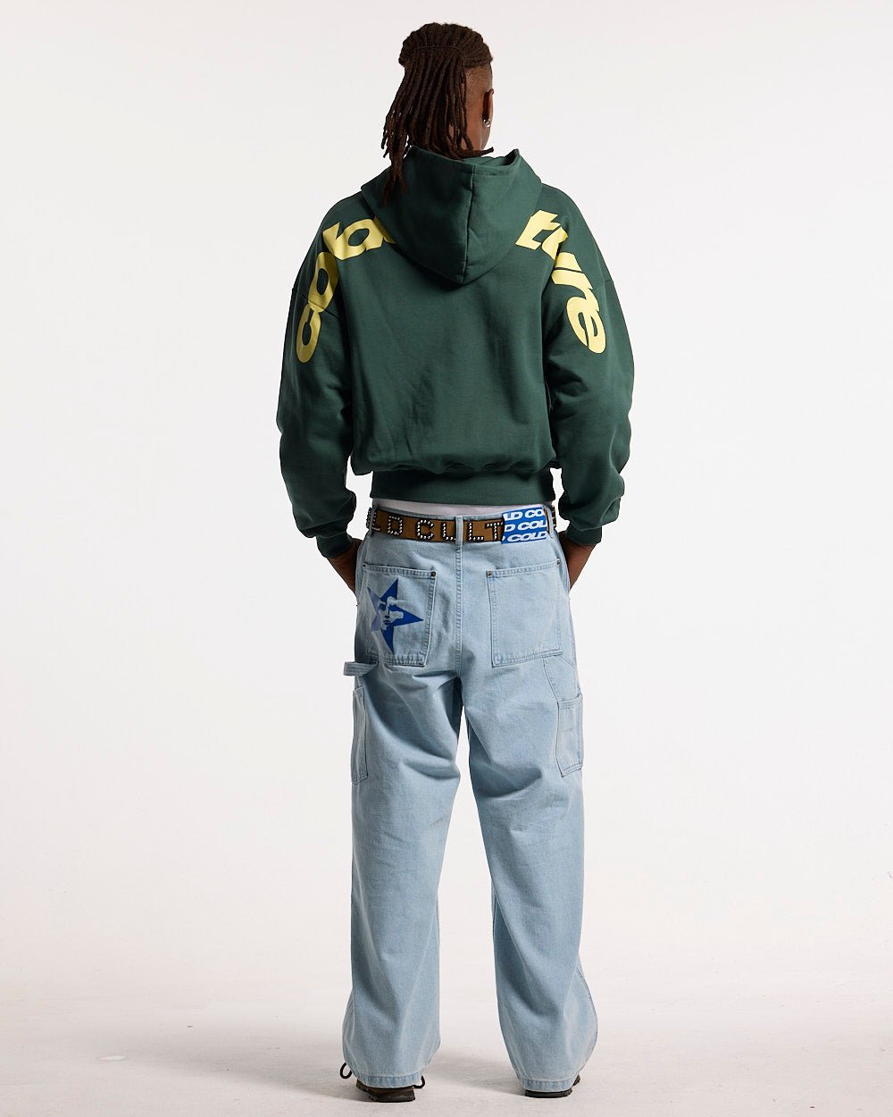 V1 CARPENTER PANTS LIGHT DENIM - light blue denim carpenter pants, back view on male model - Cold Culture #man