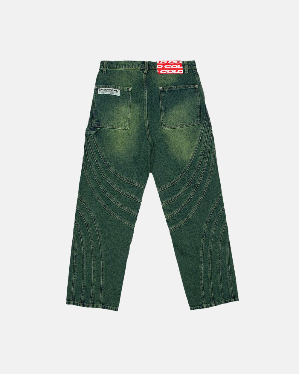 V1 MAZE PANTS GREEN DENIM - green washed denim pants, back view - Cold Culture #packshot