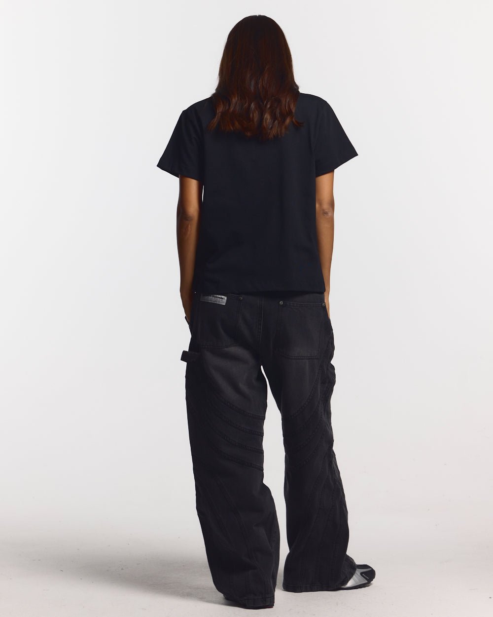 V5C TEE BLACK - black graphic print tee, back view on female model - Cold Culture #woman
