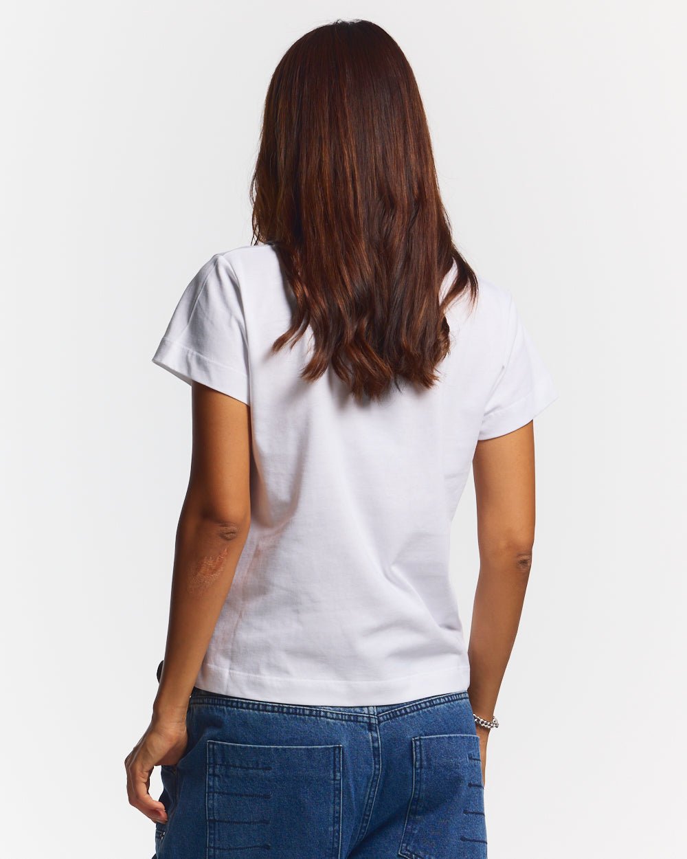 V5C TEE WHITE - white graphic print tee, back view on female model - Cold Culture #woman