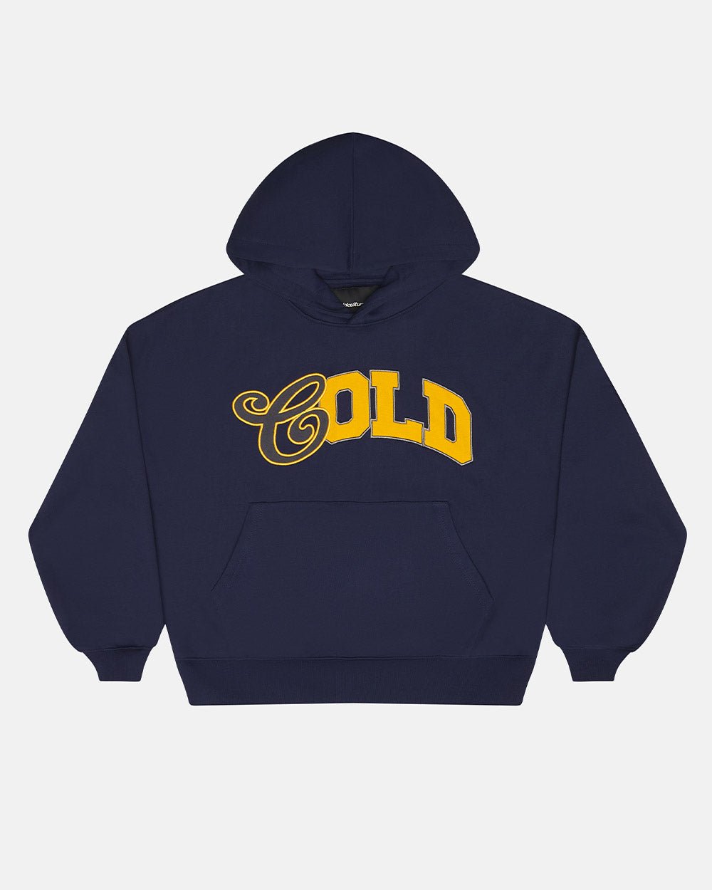 VARSITY HOODIE DARK BLUE - navy blue varsity print hoodie, front view - Cold Culture #packshot