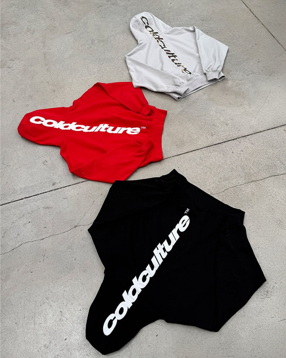 VERTICAL HOODIE BLACK - black vertical logo hoodie, flat lay with matching pieces - Cold Culture