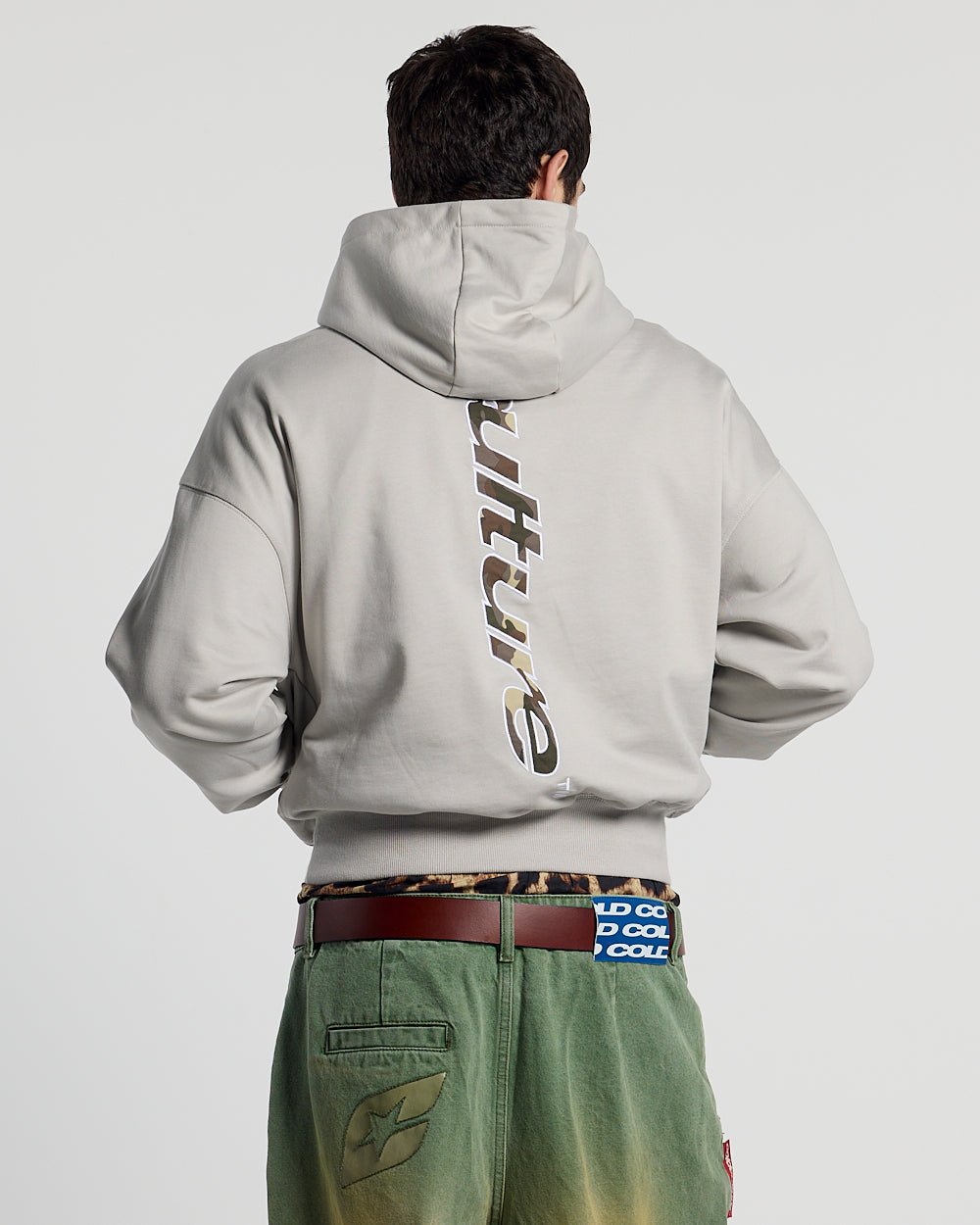 VERTICAL HOODIE LIGHT GREY - light grey oversized hoodie, back view on male model - Cold Culture