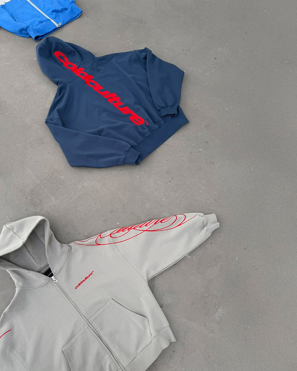 VERTICAL HOODIE NAVY - navy graphic print hoodie, flat lay with matching pieces - Cold Culture
