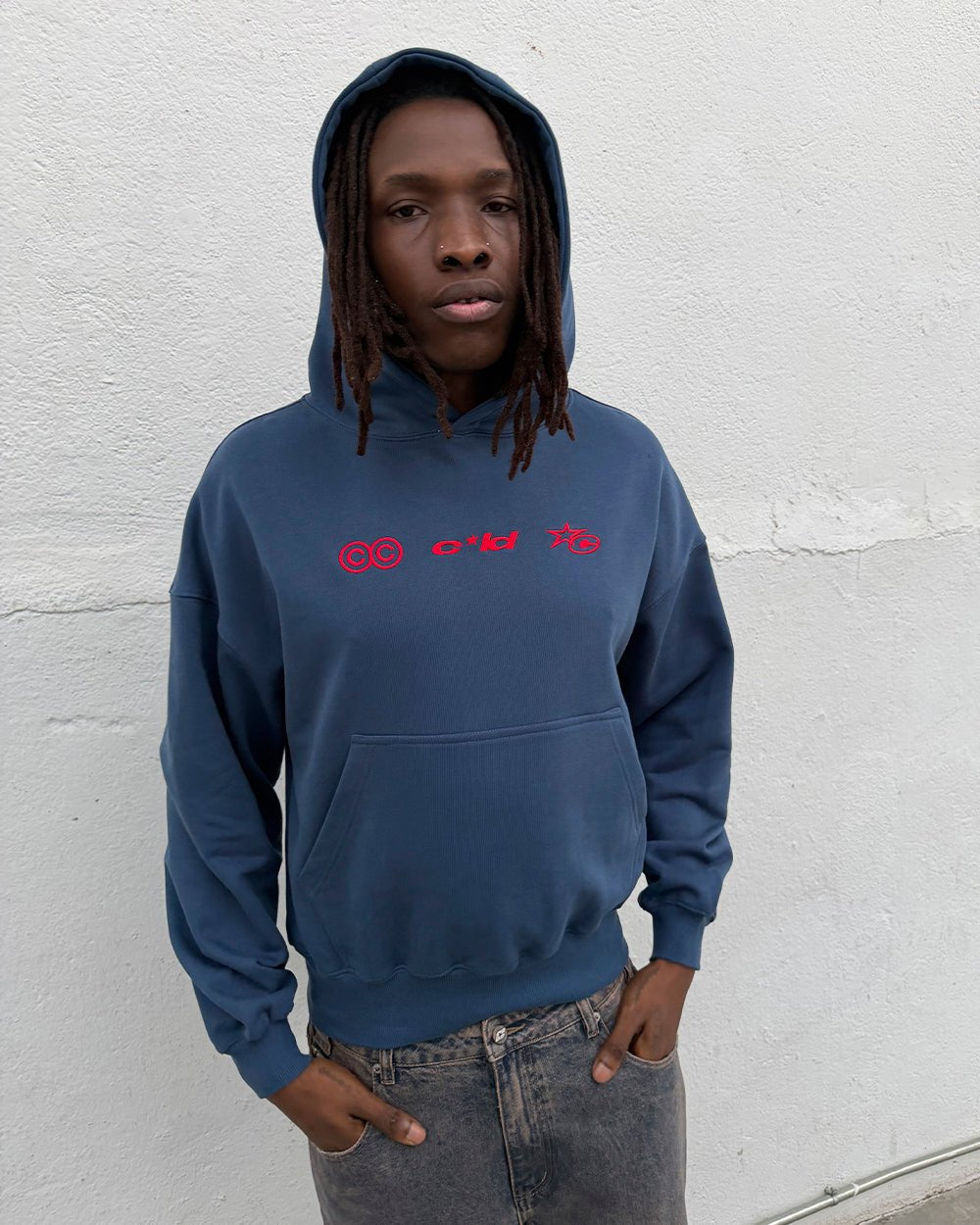 VERTICAL HOODIE NAVY - navy graphic print hoodie, street style shot - Cold Culture #man
