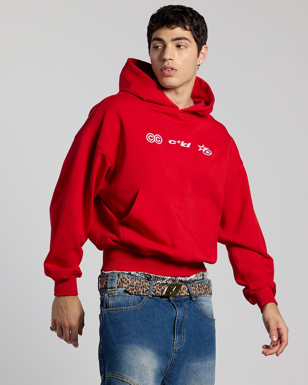 VERTICAL HOODIE RED - red oversized hoodie, front view on male model - Cold Culture #man