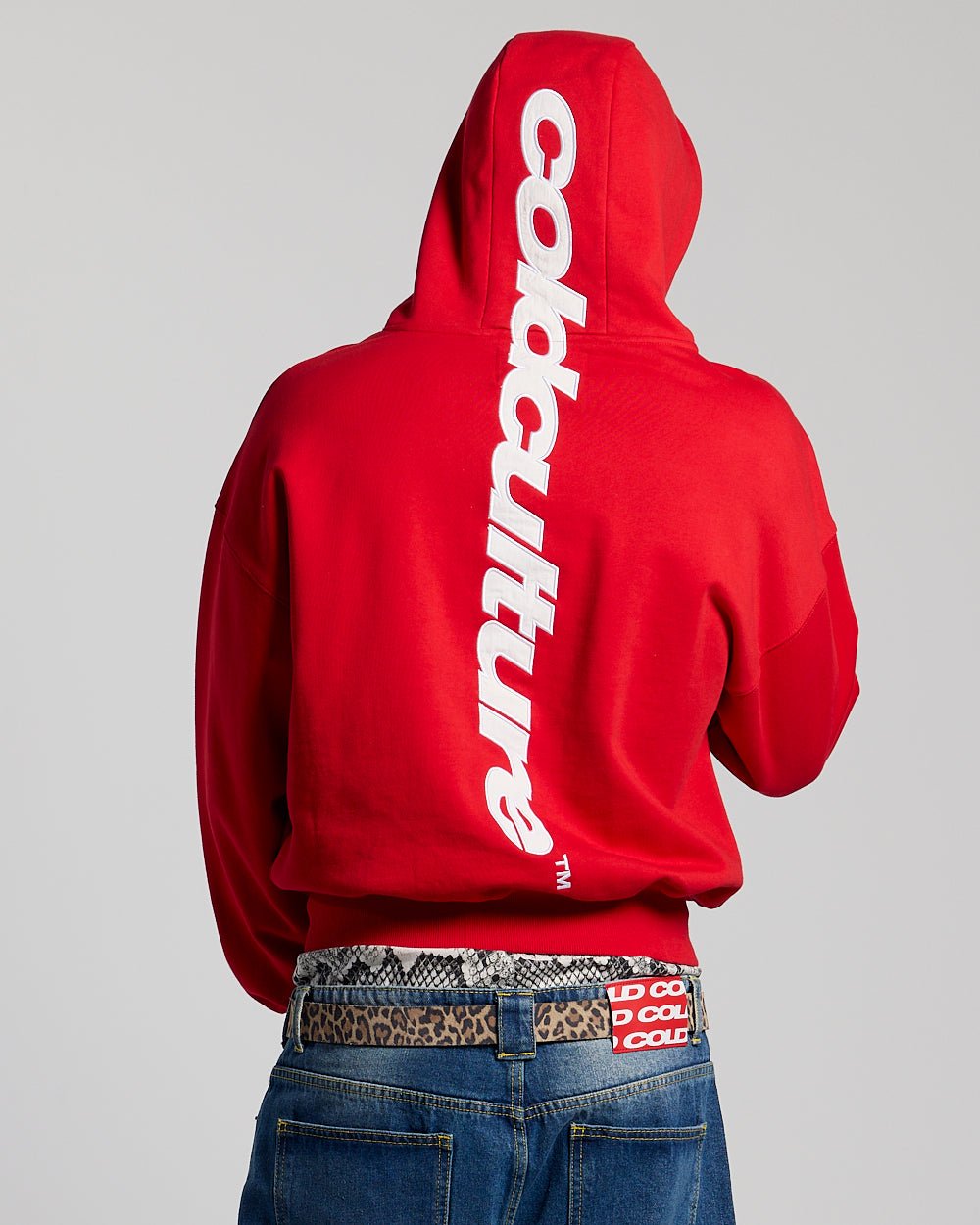 VERTICAL HOODIE RED - red oversized hoodie, back view on male model - Cold Culture