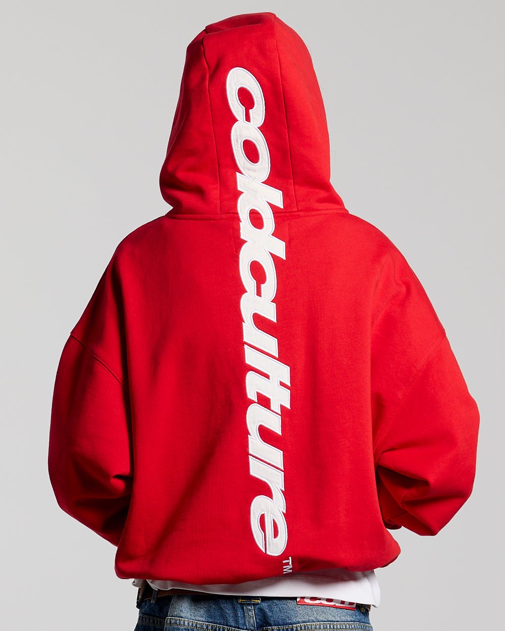 VERTICAL HOODIE RED - red oversized hoodie, back view on female model - Cold Culture #woman
