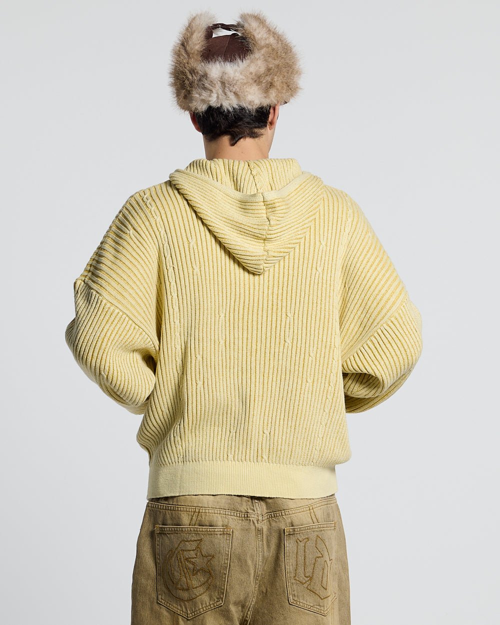 VIBE JUNCTION KNIT LIGHT YELLOW - light yellow ribbed knit sweater, back view on male model - Cold Culture