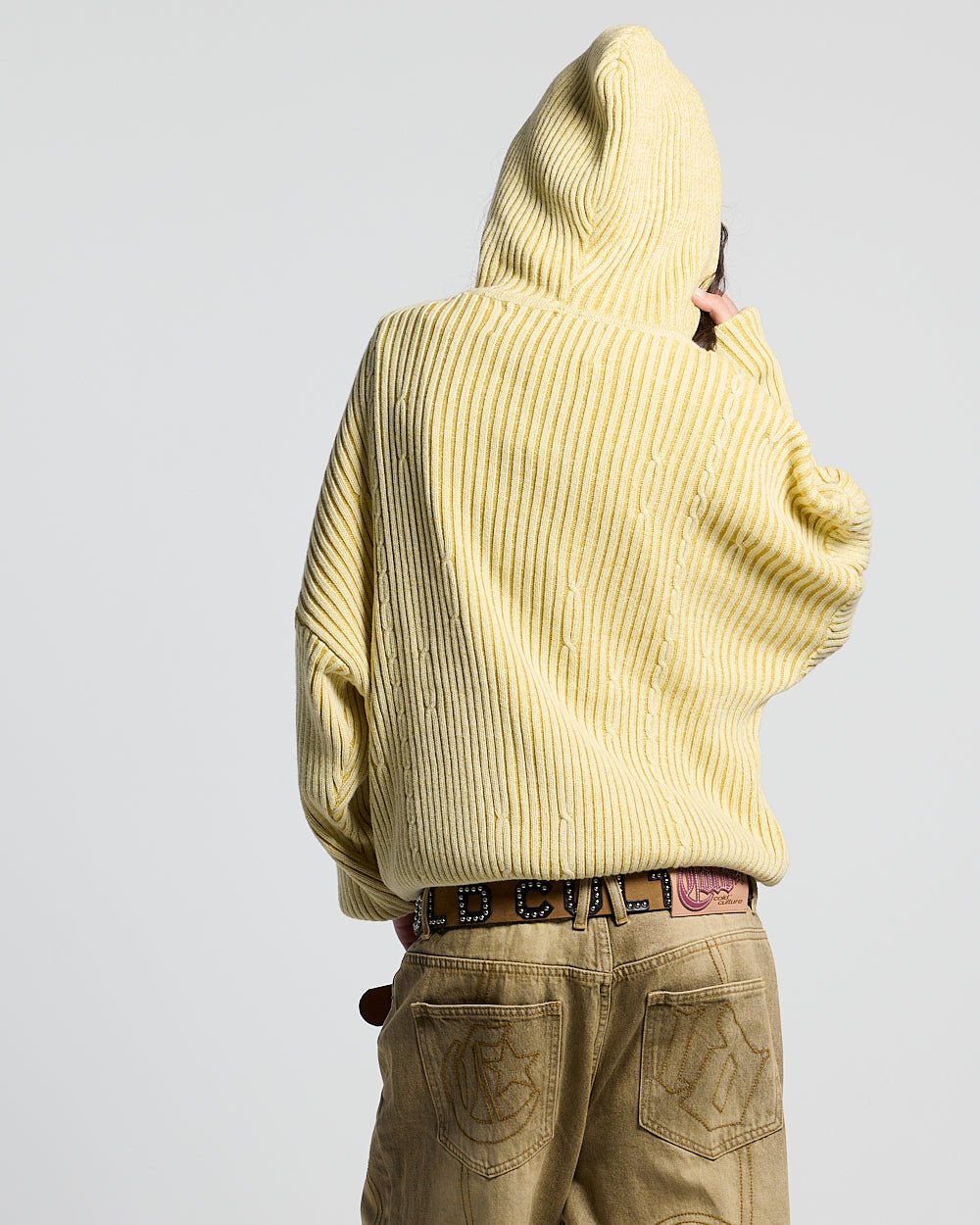 VIBE JUNCTION KNIT LIGHT YELLOW - light yellow ribbed knit sweater, back view on female model - Cold Culture #woman