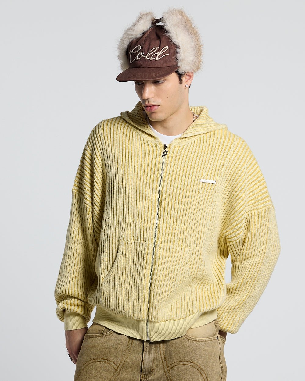 VIBE JUNCTION KNIT LIGHT YELLOW - light yellow ribbed knit sweater, front view on male model - Cold Culture #man
