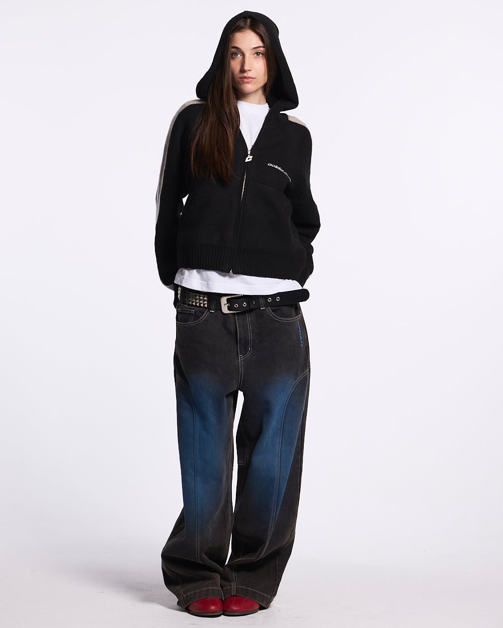 VIBRANT TEDDY KNIT BLACK - black zip-up knit sweater, front view on female model - Cold Culture #woman