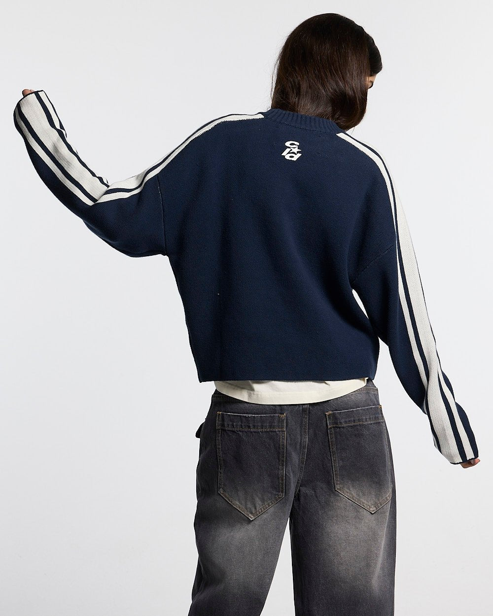 W80 KNITWEAR BLUE - navy striped knit sweater, back view on female model - Cold Culture #woman