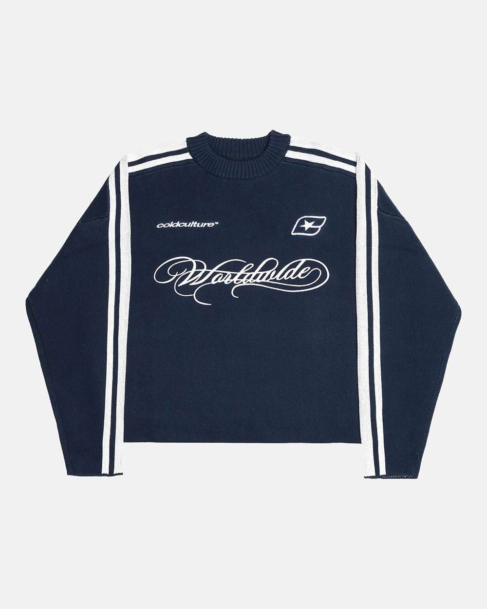 W80 KNITWEAR BLUE - navy striped knit sweater, front view - Cold Culture #packshot