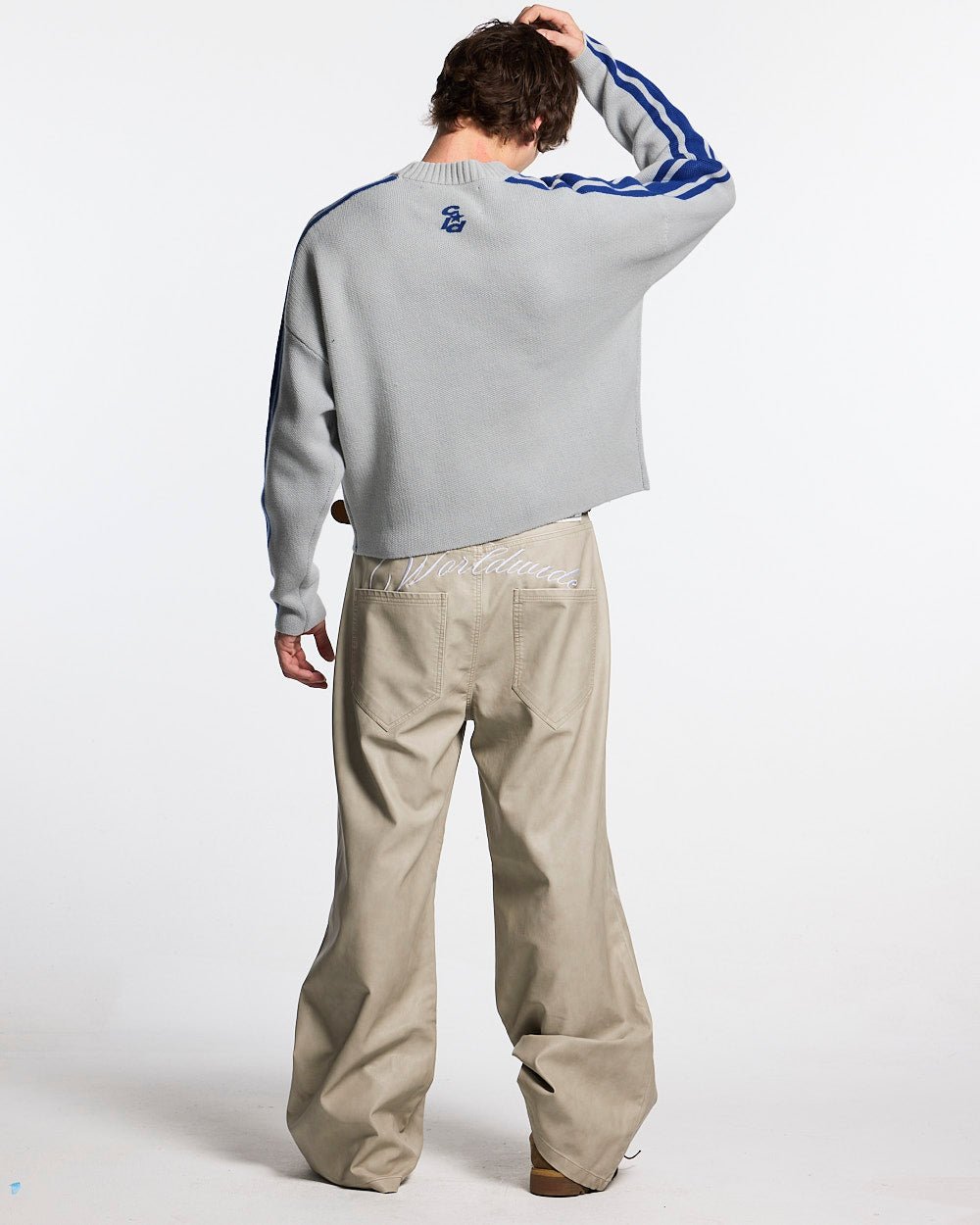 W80 KNITWEAR GREY - grey striped knit sweater, back view on male model - Cold Culture #man