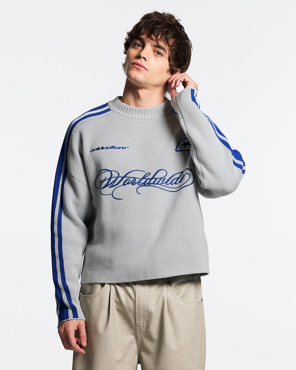 W80 KNITWEAR GREY - grey striped knit sweater, front view on male model - Cold Culture #man