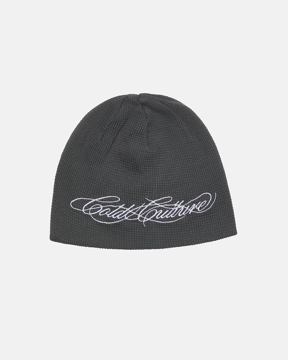 WAFFLE BEANIE BLACK - black waffle knit beanie, front view - Cold Culture #packshot