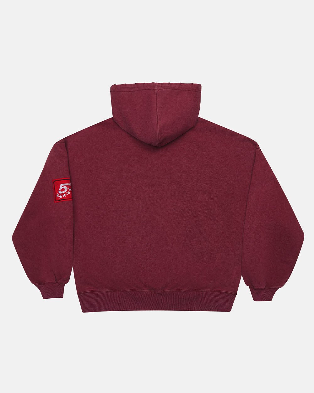 WALKER HOODIE BURGUNDY - burgundy hoodie with patches, back view - Cold Culture #packshot