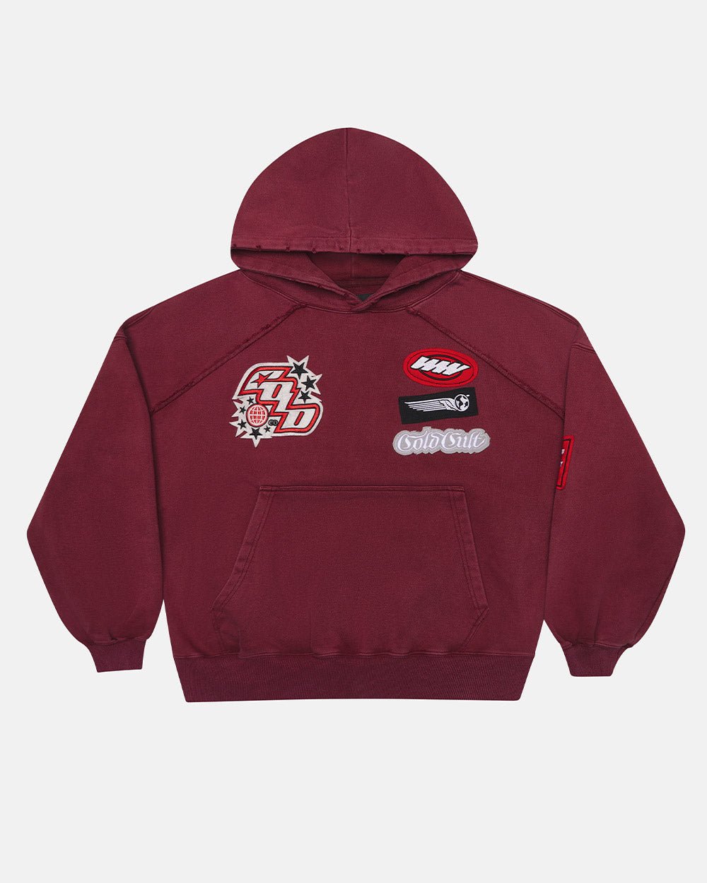 WALKER HOODIE BURGUNDY - burgundy hoodie with patches, front view - Cold Culture #packshot