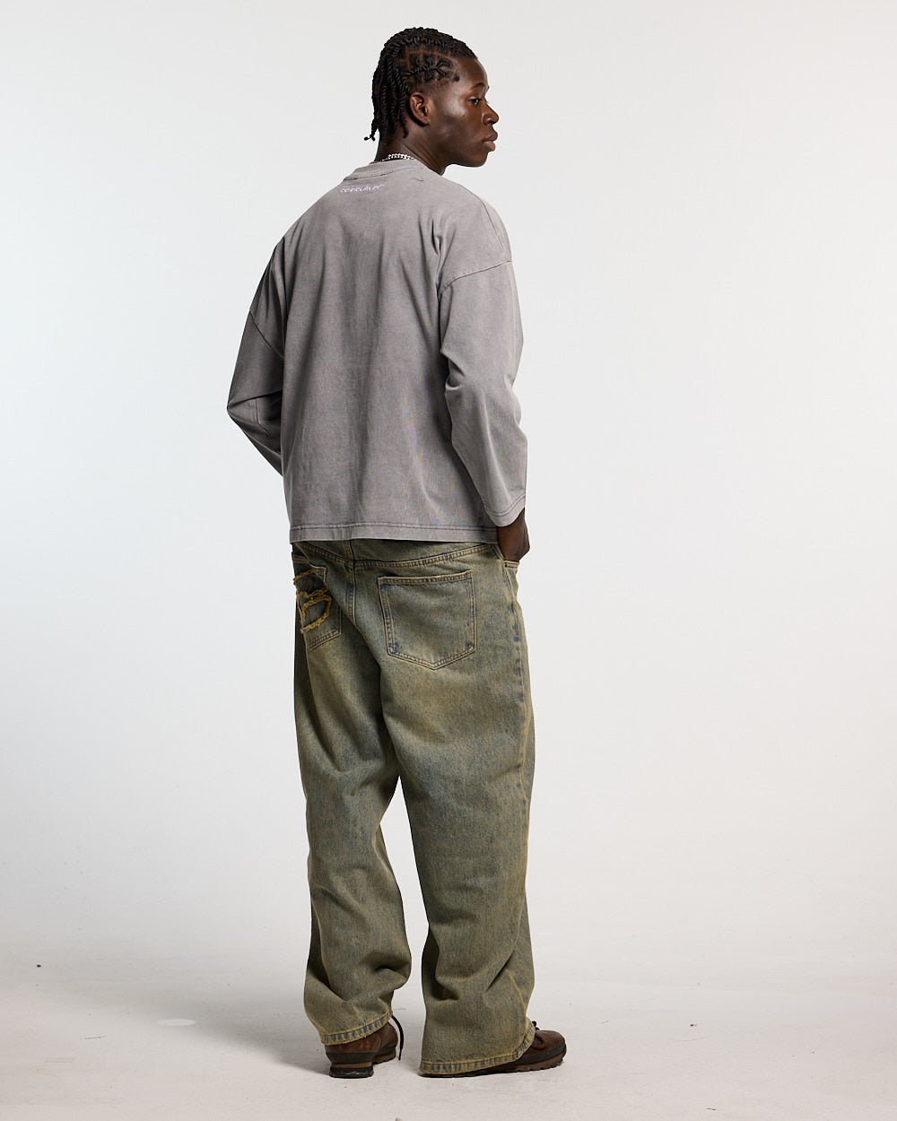 WALKER LONGSLEEVE LIGHT GREY - washed grey longsleeve tee, back view on male model - Cold Culture #man