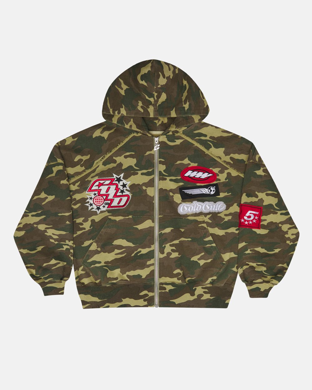 WALKER ZIP HOODIE GREEN CAMO - green camo zip-up hoodie, front view - Cold Culture #packshot