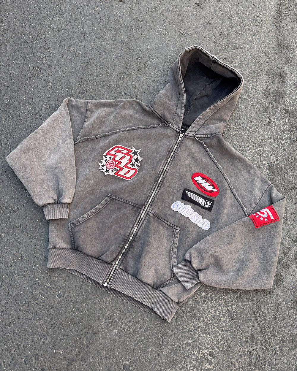 WALKER ZIP HOODIE WASHED BLACK - washed grey zip hoodie with patches, flat lay - Cold Culture