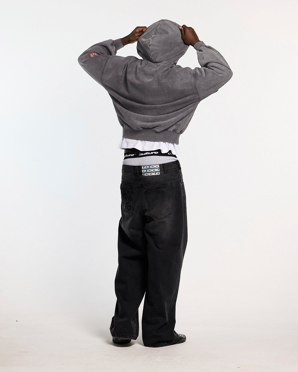 WALKER ZIP HOODIE WASHED BLACK - washed grey zip hoodie with patches, back view on male model - Cold Culture