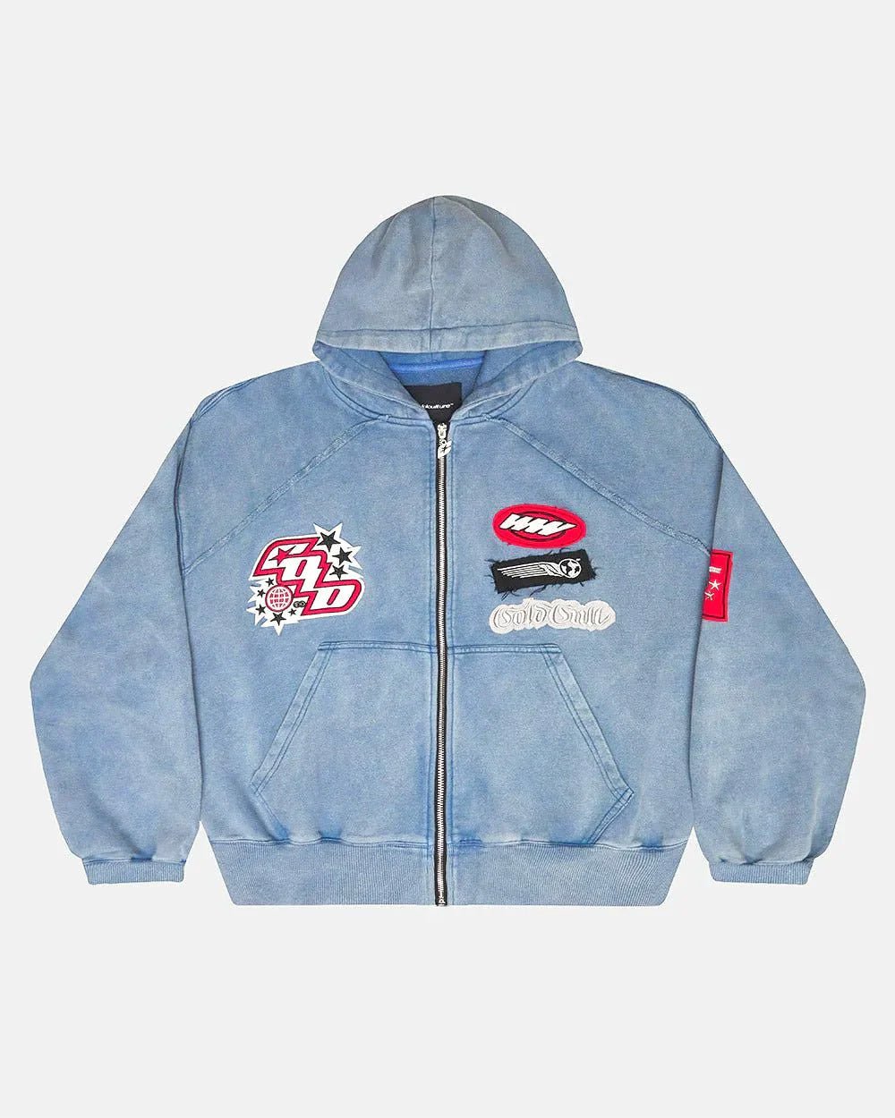 WALKER ZIP HOODIE WASHED INDIGO - washed indigo zip-up hoodie, front view - Cold Culture #packshot