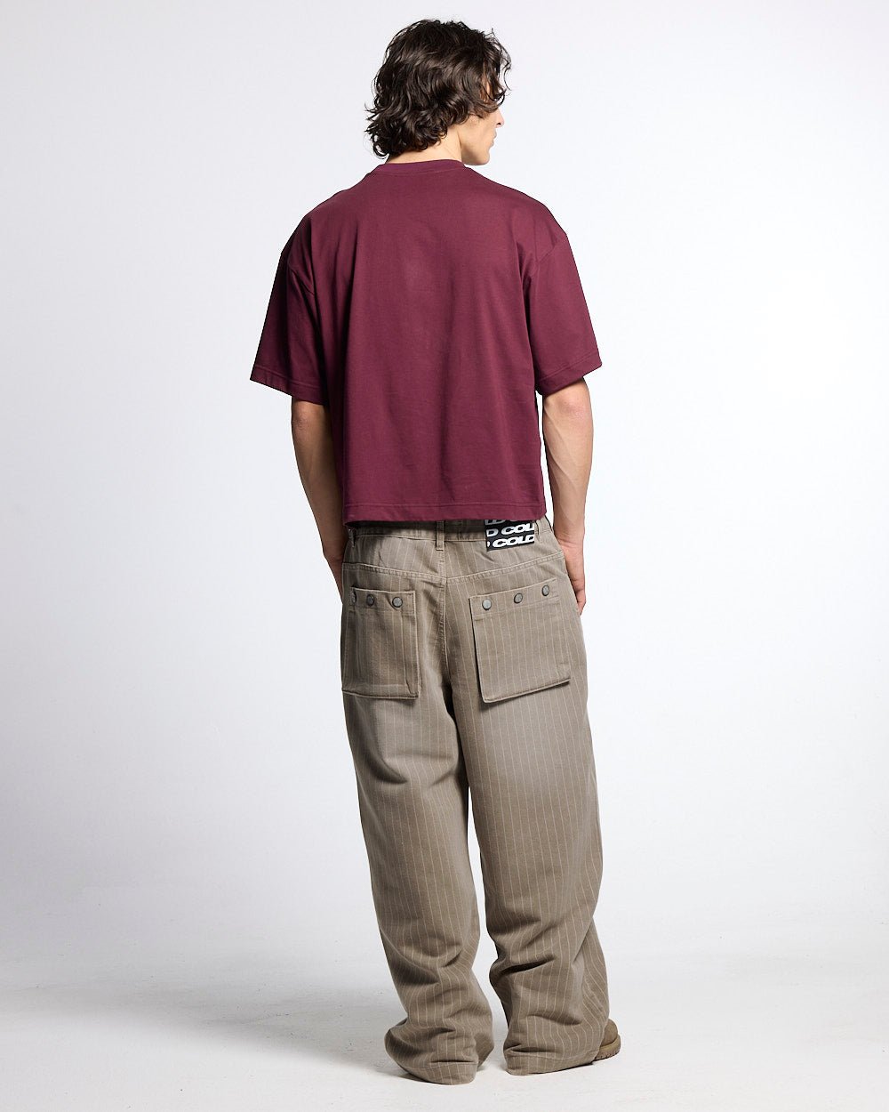 WASHED CASINO V1 PANTS BEIGE - beige pinstripe washed pants, back view on male model - Cold Culture #man