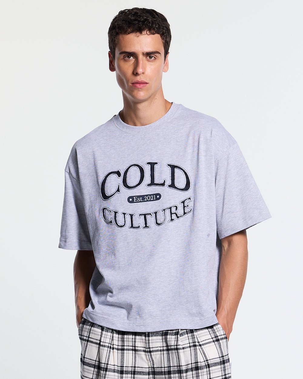 WATCH OUT TEE GREY - heather grey boxy tee, front view on male model - Cold Culture #man