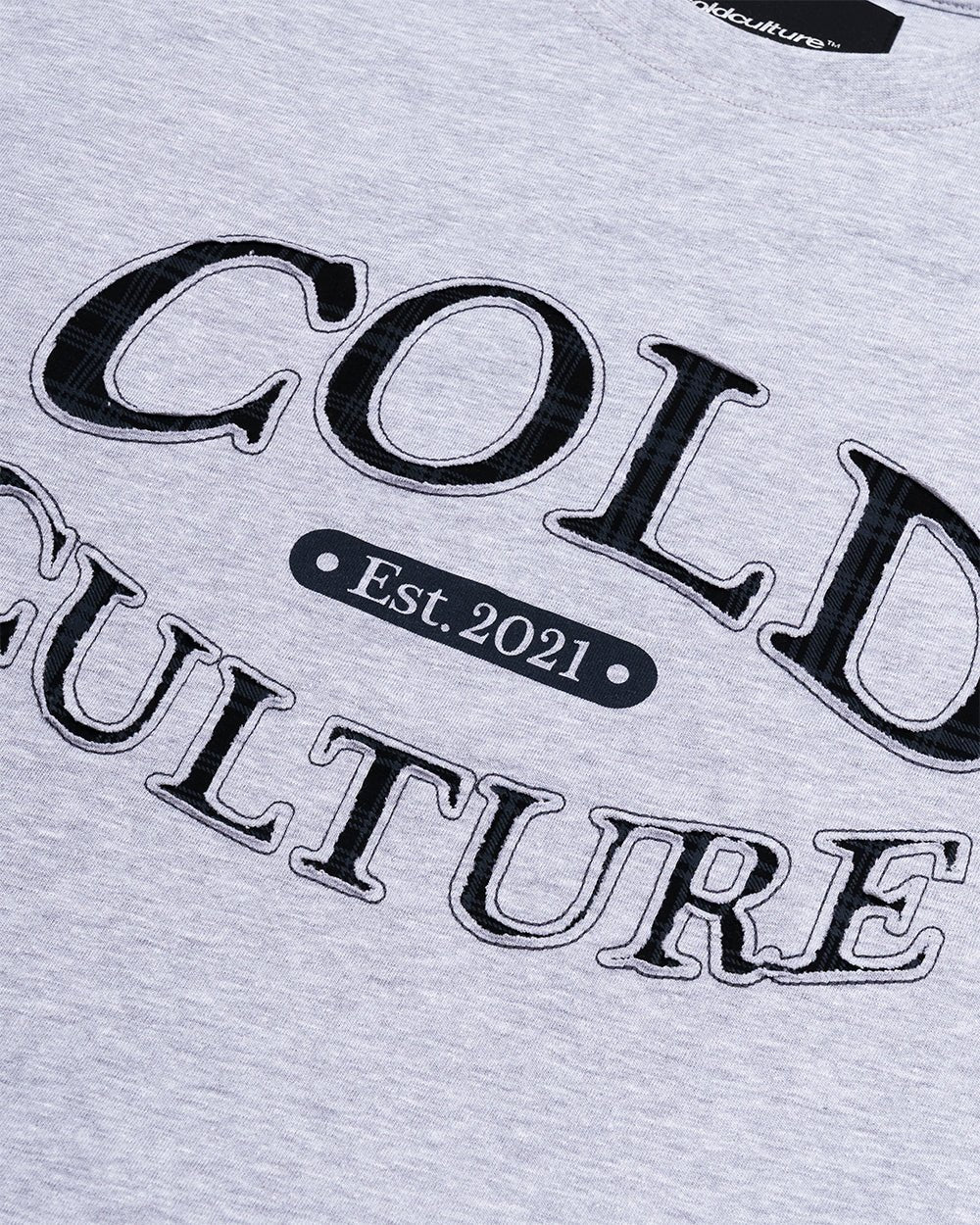 WATCH OUT TEE GREY - heather grey boxy tee, detail close-up - Cold Culture
