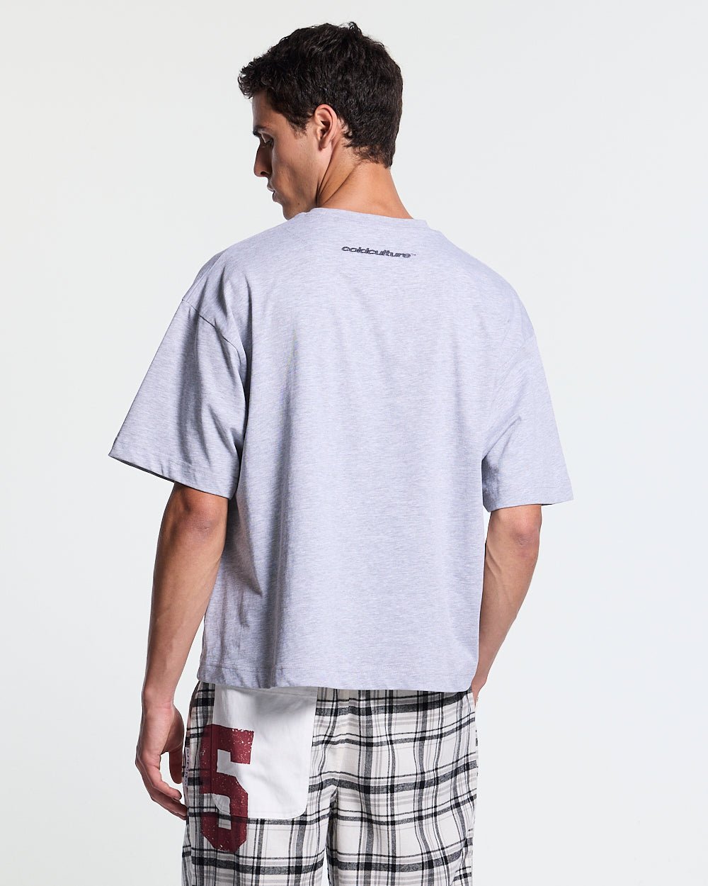 WATCH OUT TEE GREY - heather grey boxy tee, back view on male model - Cold Culture #man