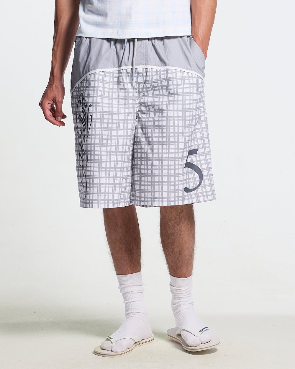 WAVE SWIMSHORTS GREY - grey checked swim shorts, worn detail - Cold Culture
