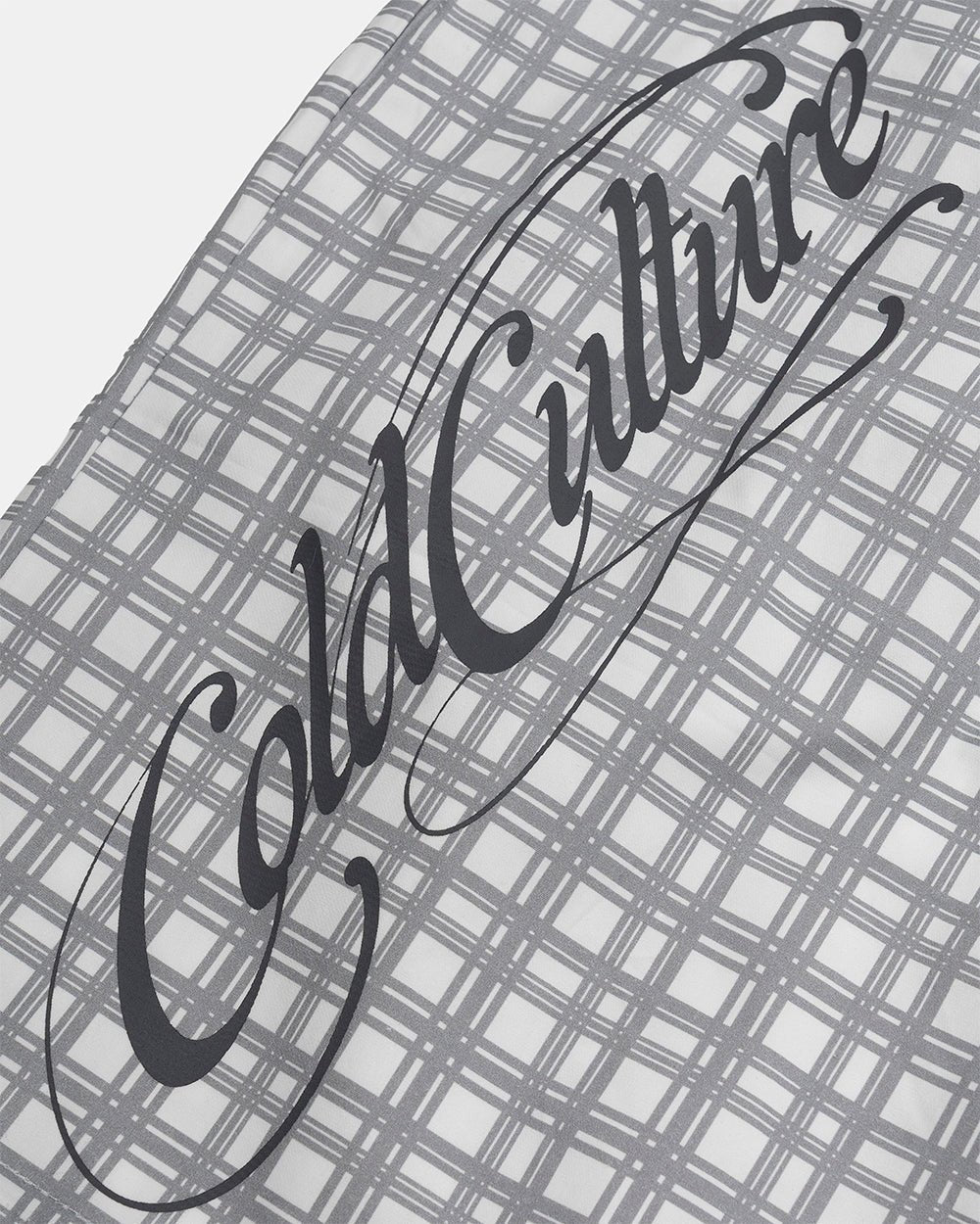 WAVE SWIMSHORTS GREY - grey checked swim shorts, detail close-up - Cold Culture