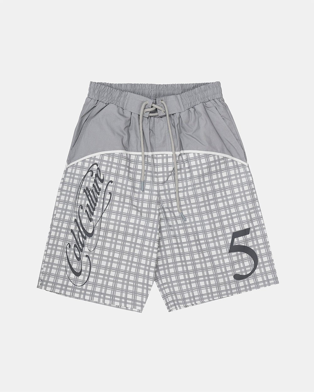 WAVE SWIMSHORTS GREY - grey checked swim shorts, front view - Cold Culture #packshot