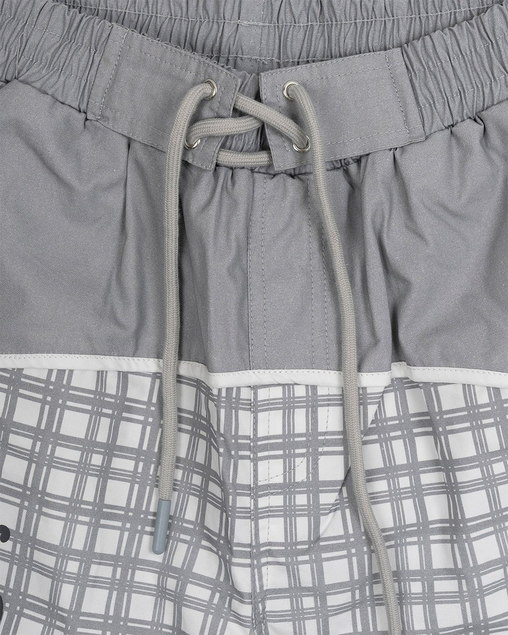 WAVE SWIMSHORTS GREY - grey checked swim shorts, detail close-up - Cold Culture