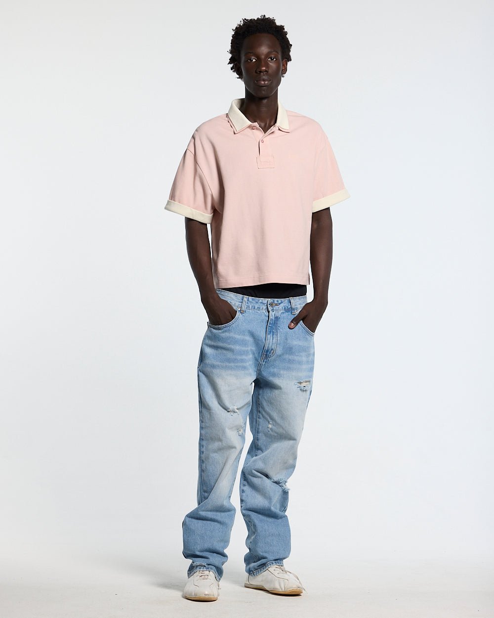 WHIP POLO PINK - pink oversized polo shirt, front view on male model - Cold Culture #man