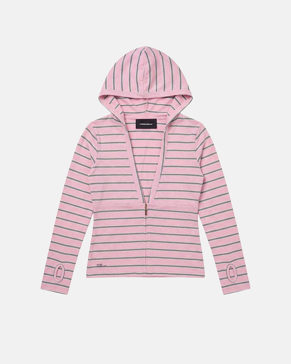 WHIPPED CREAM ZIP LONGSLEEVE PINK - pink striped zip longsleeve, front view - Cold Culture #packshot