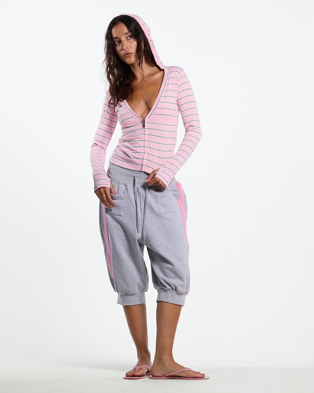 WHIPPED CREAM ZIP LONGSLEEVE PINK - pink striped zip longsleeve, front view on female model - Cold Culture #woman