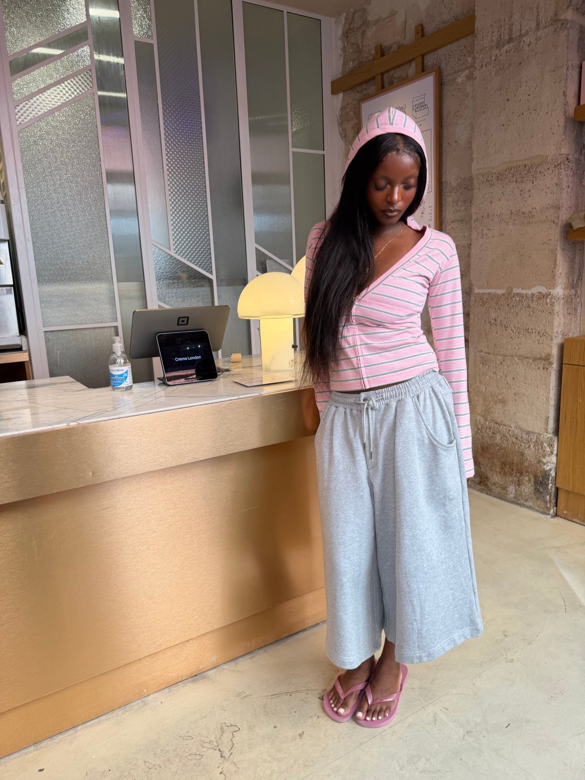 WHIPPED CREAM ZIP LONGSLEEVE PINK - pink striped zip longsleeve, street style shot - Cold Culture #woman