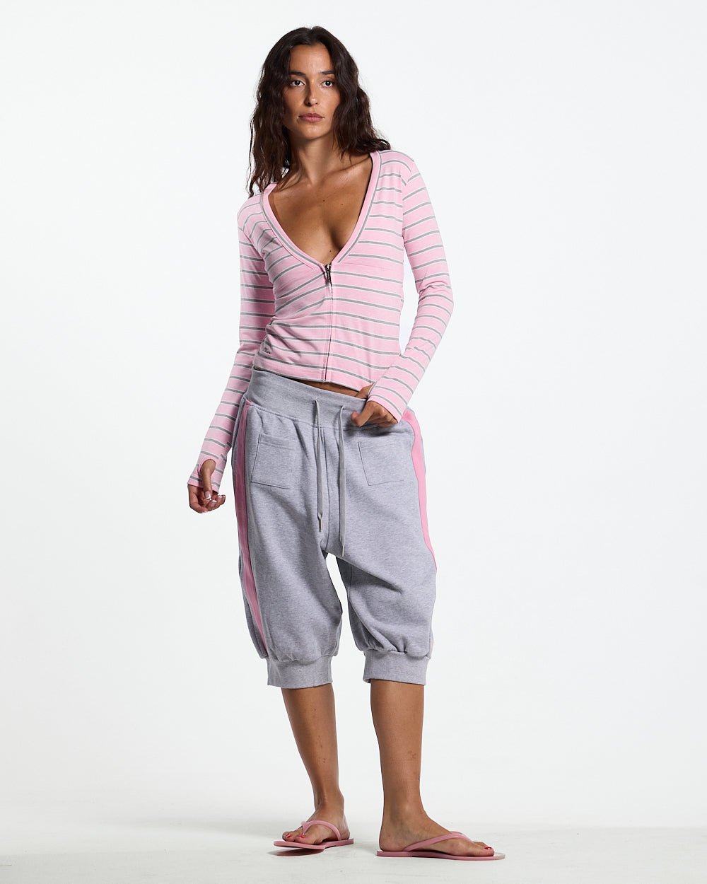 WHIPPED CREAM ZIP LONGSLEEVE PINK - pink striped zip longsleeve, front view on female model - Cold Culture #woman