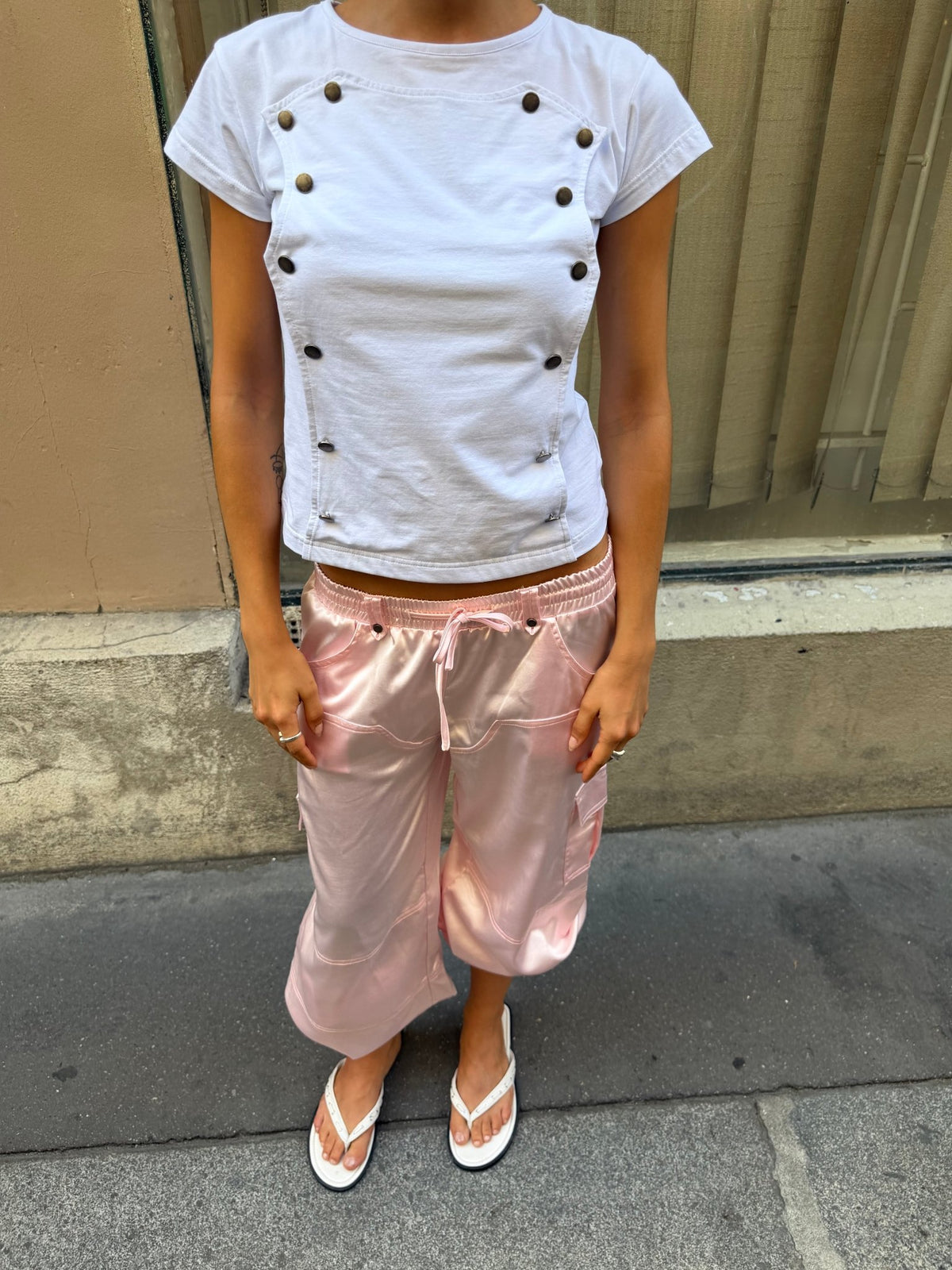 WHISK BABY TEE WHITE - white studded baby tee, street style shot - Cold Culture #woman