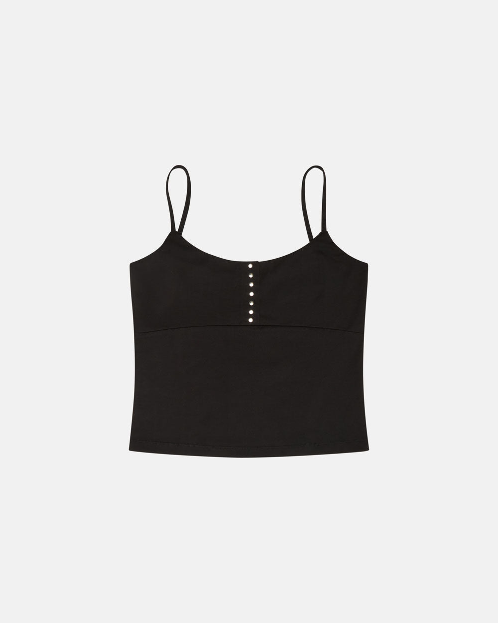 WHISPERS VEST TOP BLACK - black cropped vest top, front view - Cold Culture #packshot