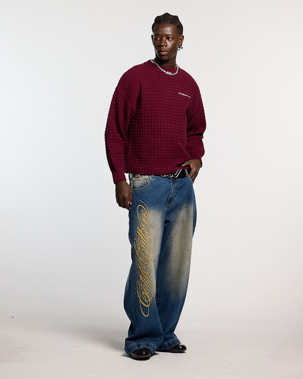 WIBBLE SCRIPT V3 PANTS BLUE - washed blue denim pants, front view on male model - Cold Culture #man