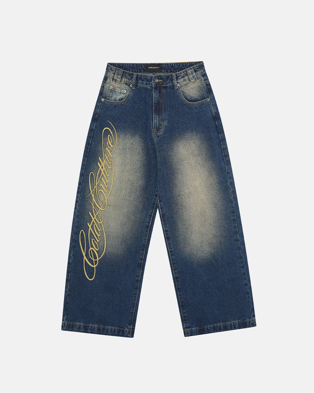 WIBBLE SCRIPT V3 PANTS BLUE - washed blue denim pants, front view - Cold Culture #packshot