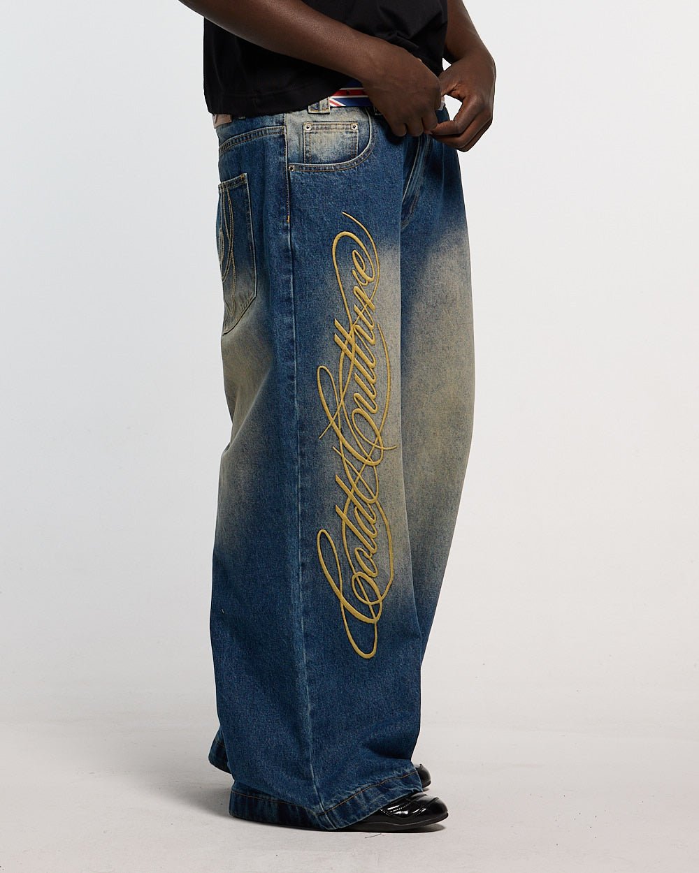 WIBBLE SCRIPT V3 PANTS BLUE - washed blue denim pants, side view - Cold Culture