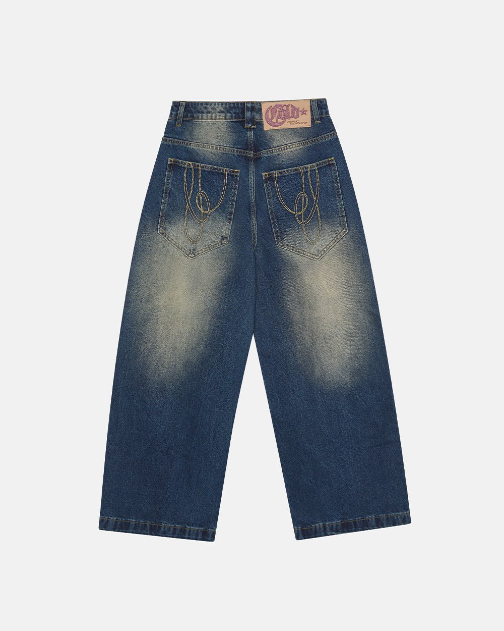 WIBBLE SCRIPT V3 PANTS BLUE - washed blue denim pants, back view - Cold Culture #packshot