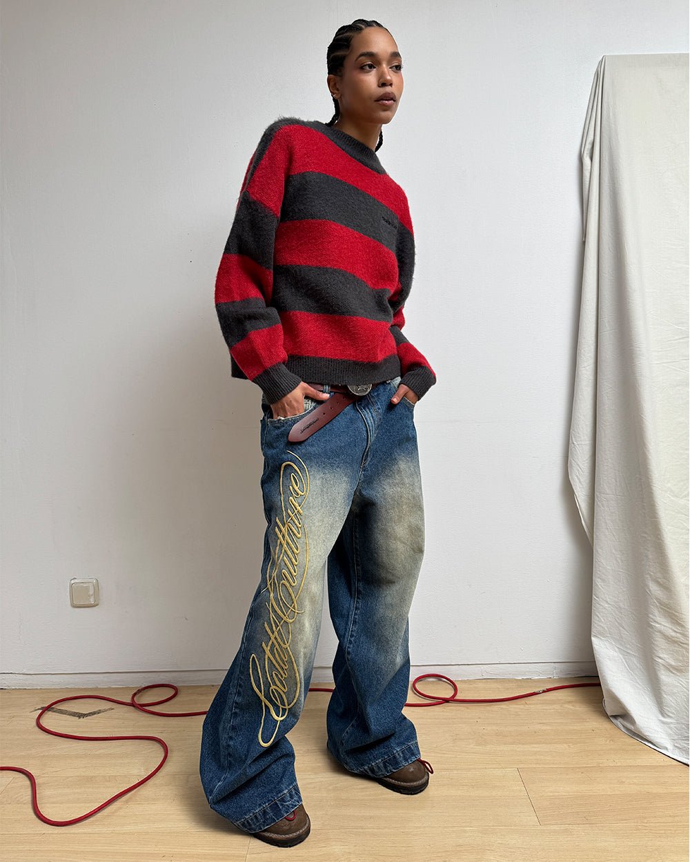 WIBBLE SCRIPT V3 PANTS BLUE - washed blue denim pants, front view on female model - Cold Culture